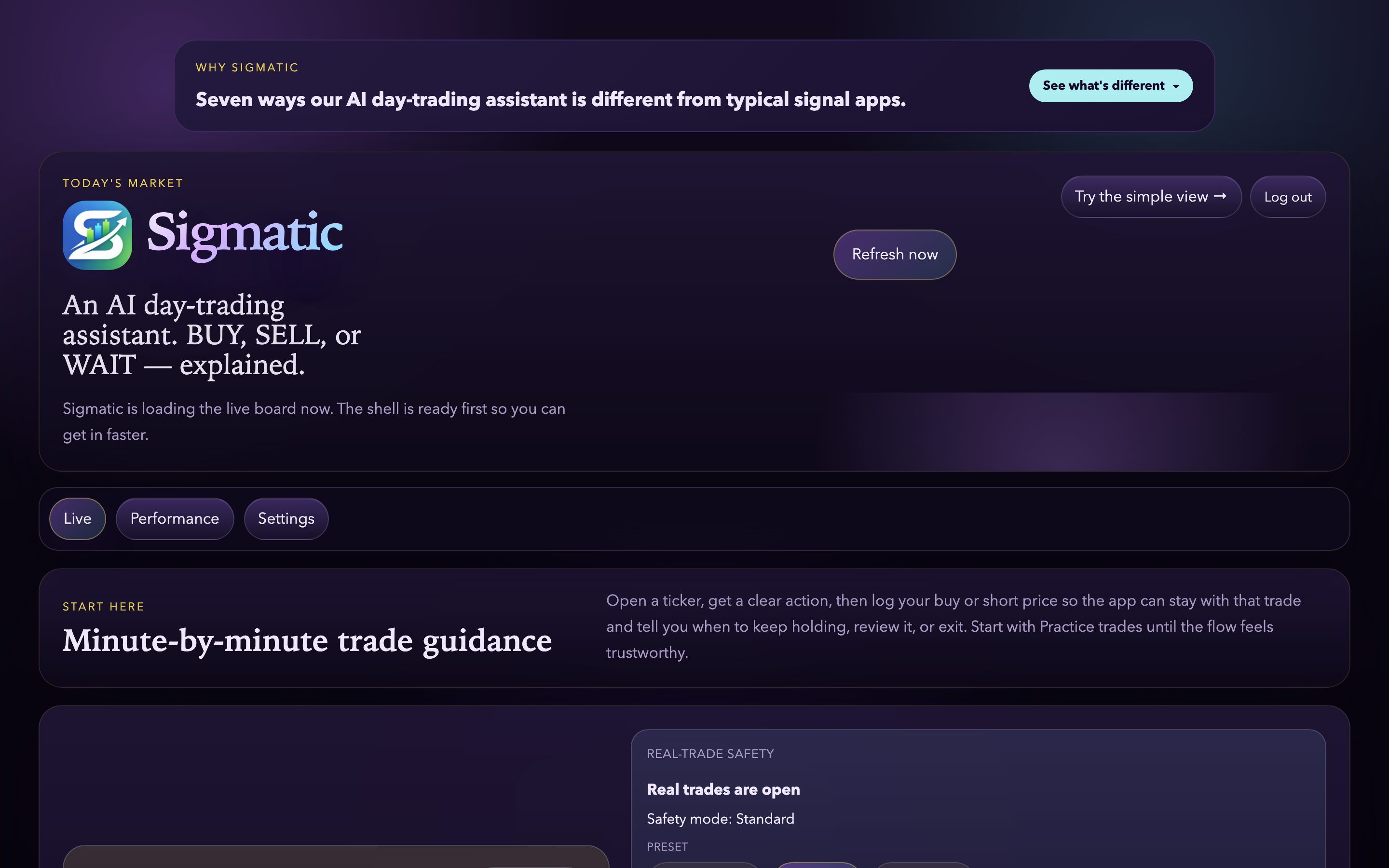 Sigmatic dashboard showing today’s intraday trade plans